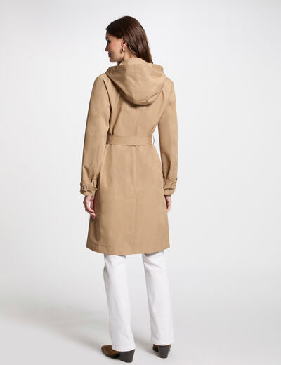 Gabardina larga con cinturón beige mujer