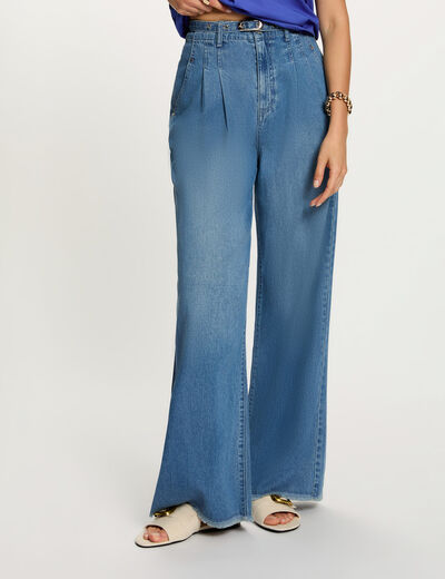 Jean ancho de tiro alto denim stone mujer