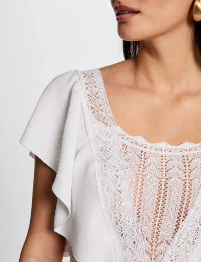 Jersey manga corta encaje marfil mujer