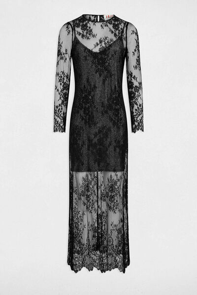 Vestido largo recto de encaje negro mujer