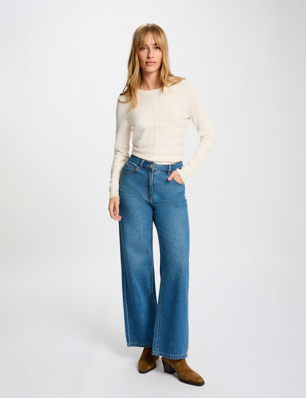 Jersey ajustado cuello redondo marfil mujer