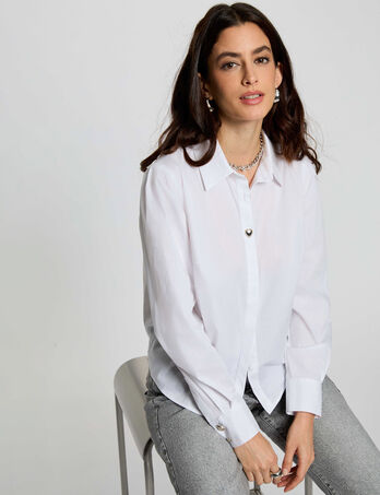 Camisa recta con cuello de solapa blanco mujer