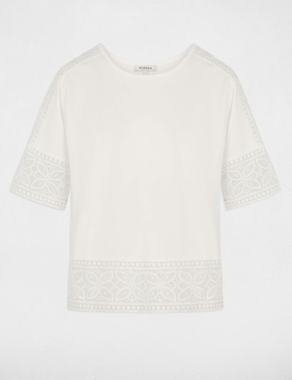 Camiseta de encaje cuello redondo blanco mujer