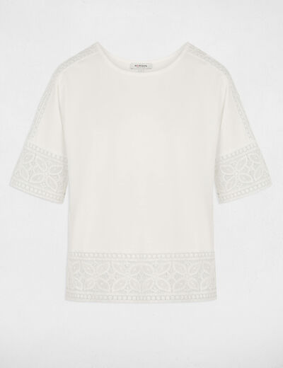 Camiseta de encaje cuello redondo blanco mujer