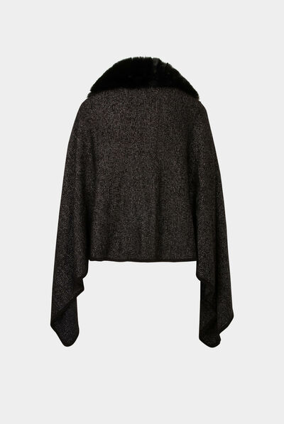 Poncho con detalles pelo de imitación negro mujer