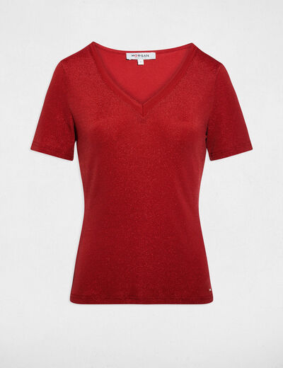 Camiseta manga corta con escote en V naranja oscuro mujer
