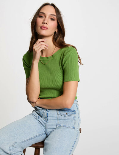 Jersey cuello barco y botones vert anis mujer