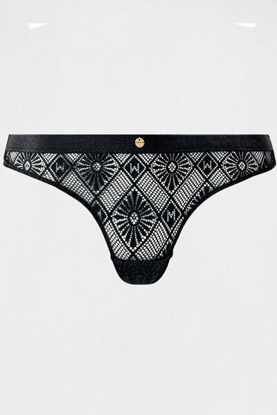 Tanga de encaje negro mujer