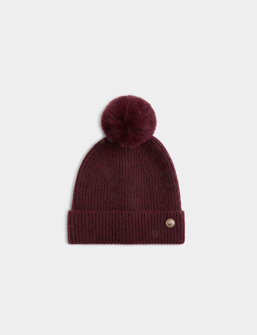 Gorro de punto con bot&oacute;n ciruela mujer