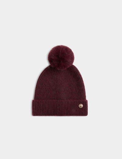 Gorro de punto con bot&oacute;n ciruela mujer