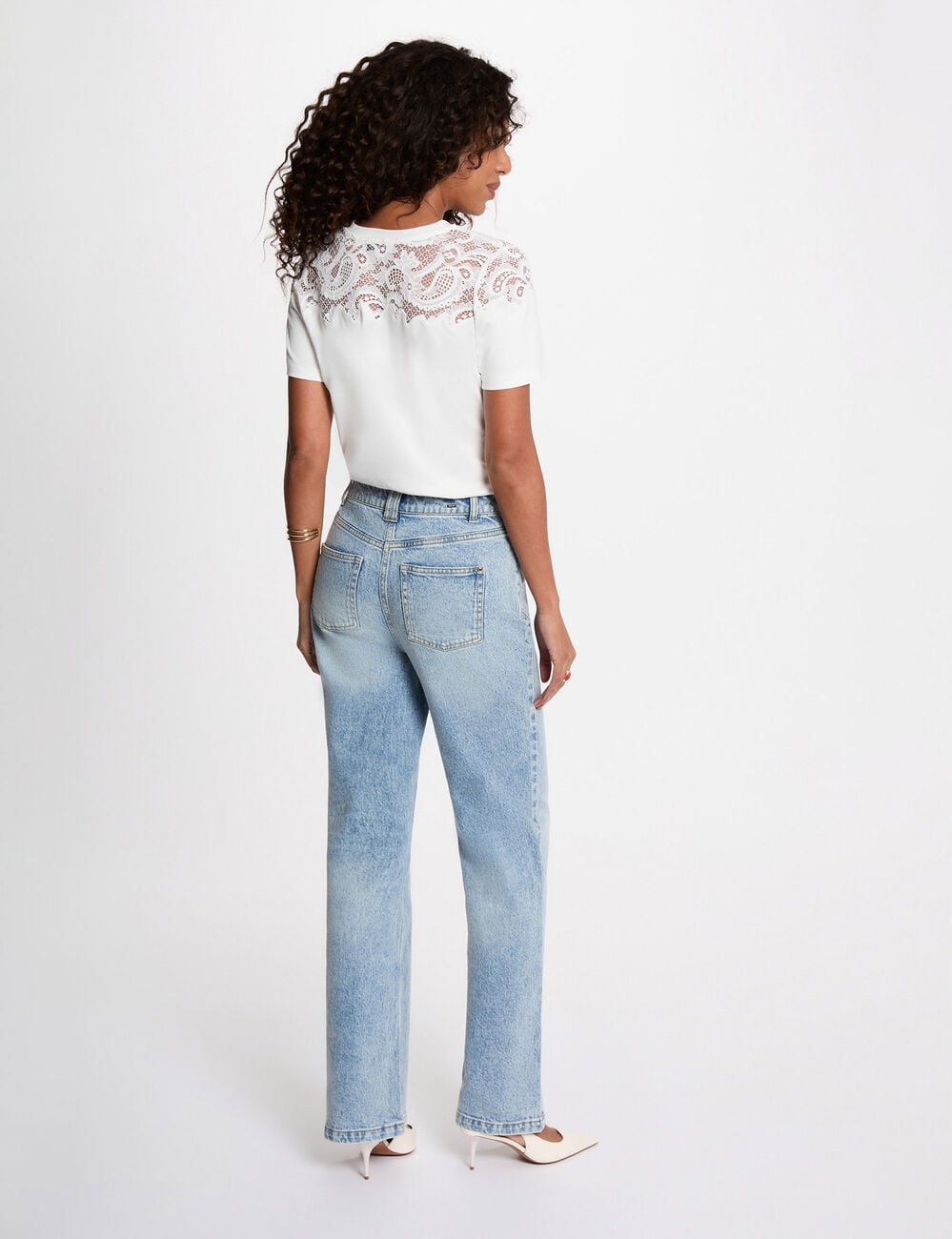 Camiseta de encaje manga corta blanco mujer