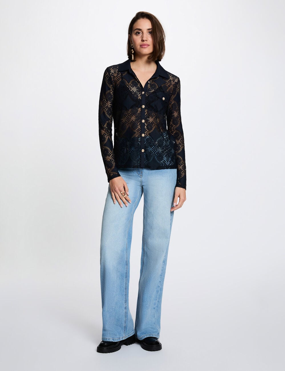 Camisa de encaje con cuello vuelto azul marino mujer