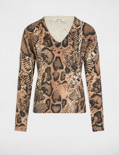 Jersey escote en V estampado beige mujer