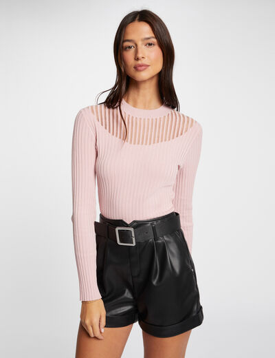 Jersey manga larga con cuello alto rosa claro mujer