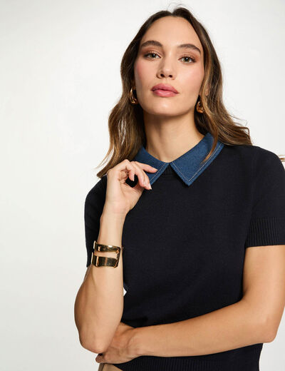 Jersey corto con cuello de camisa azul marino mujer
