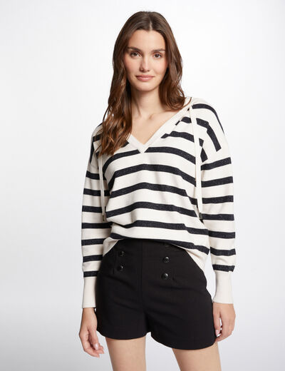 Jersey escote en V y capucha marfil mujer