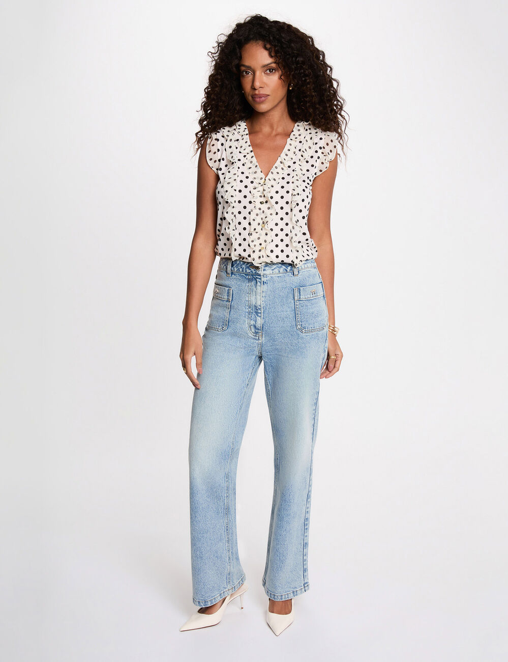 Camisa cuello v mangas cortas marfil mujer