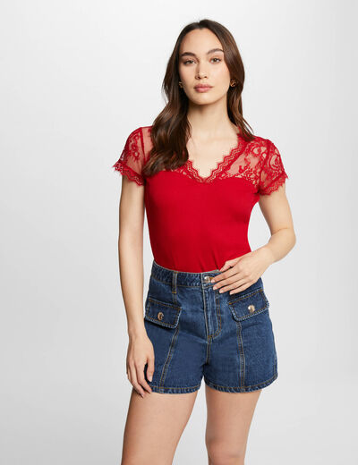 Camiseta manga corta con encaje rojo mujer