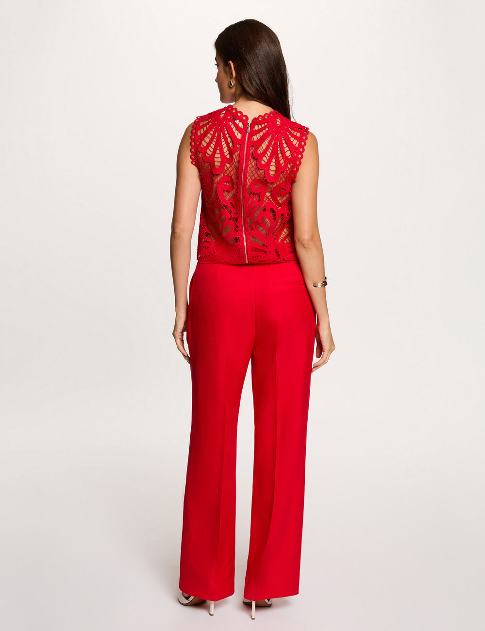 Top de encaje sin mangas rojo mujer