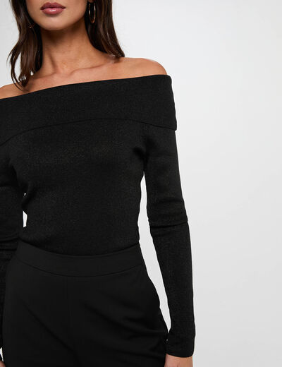 Jersey con cuello bardot metalizado negro mujer