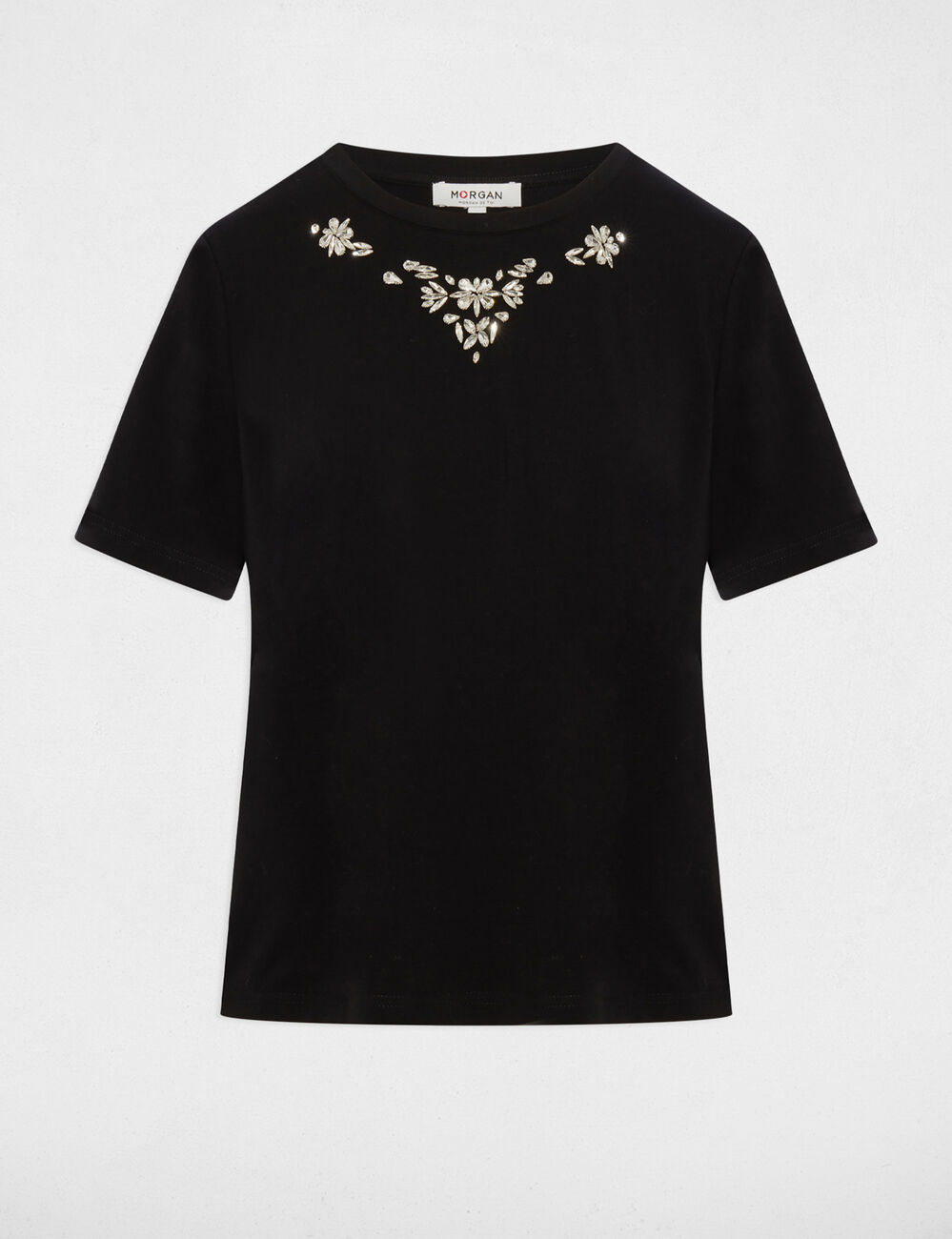 Camiseta de strass manga corta negro mujer