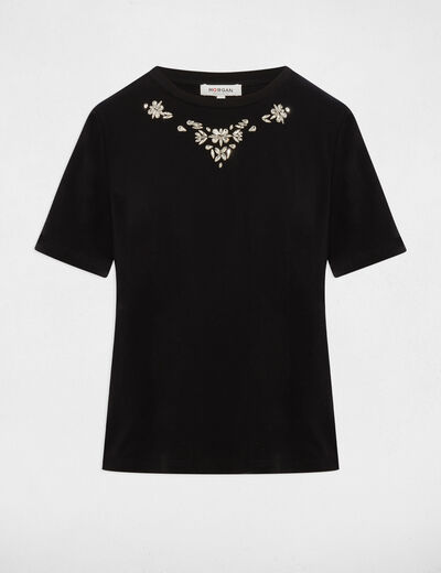 Camiseta de strass manga corta negro mujer