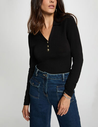 Jersey entallado con cuello polo negro mujer
