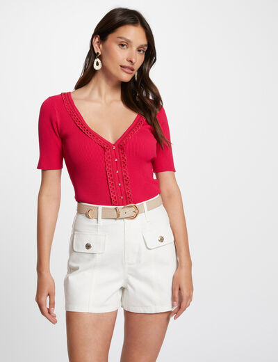 Jersey escote en V manga corta frambuesa mujer
