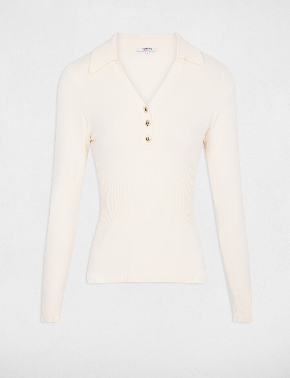 Jersey entallado con cuello polo marfil mujer