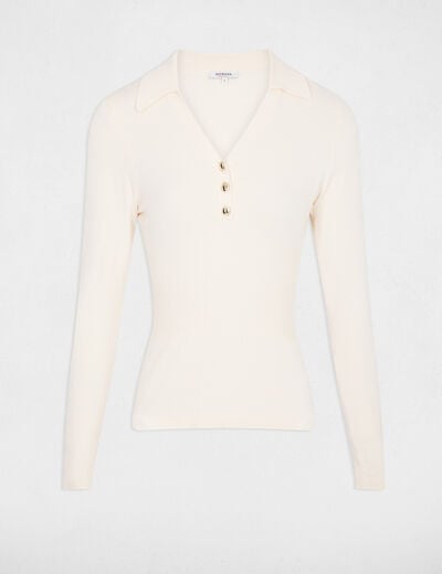 Jersey entallado con cuello polo marfil mujer