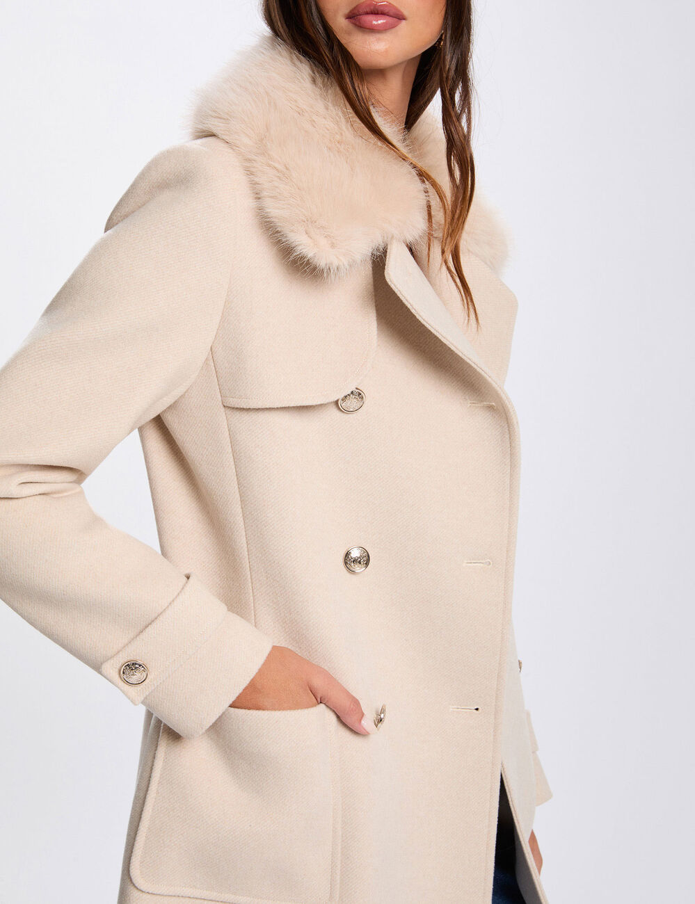 Abrigo recto con cuello de pelo beige mujer