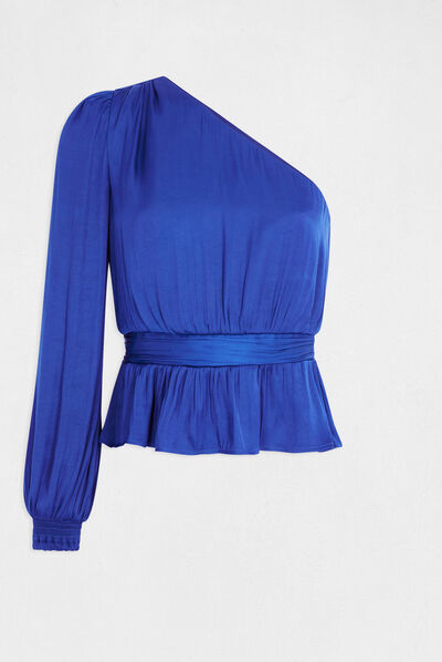 Blusa asimétrica rizada azul eléctrico mujer