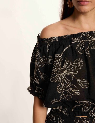 Top bordado cuello bardot multicolor mujer