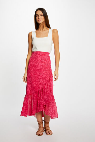 Falda larga cruzada estampado leopardo rosa mujer