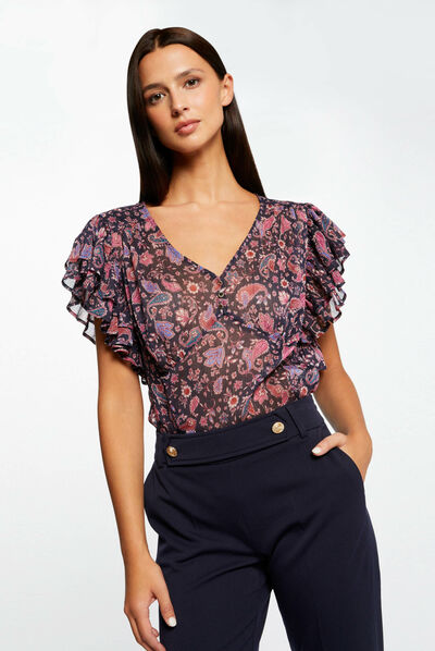 Blusa manga corta estampado cachemira marino mujer