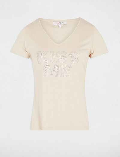 Camiseta con mensaje beige mujer
