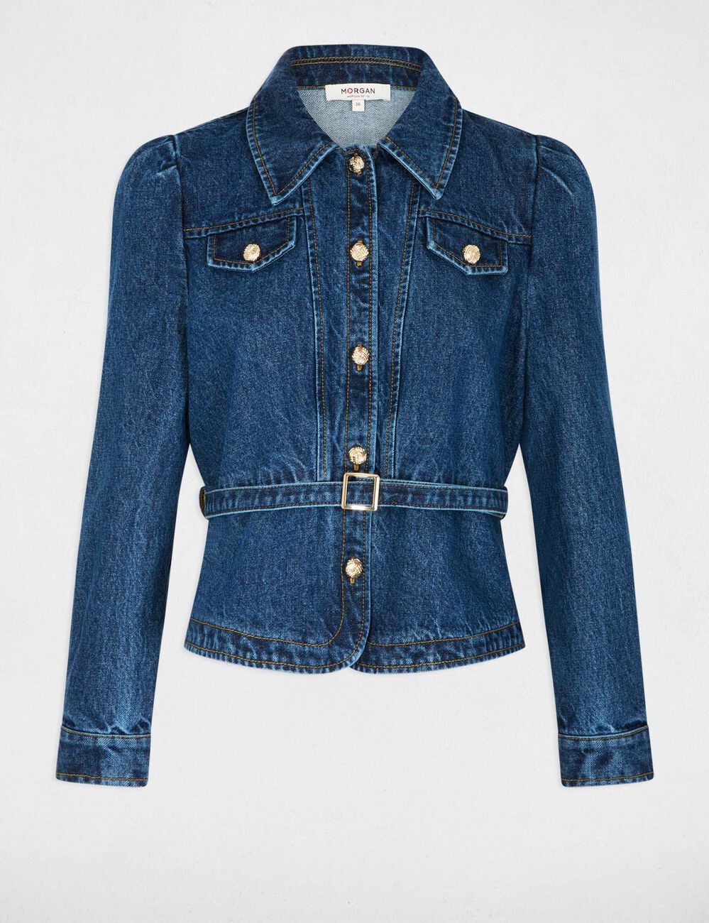 Chaqueta vaquera con cintur&oacute;n denim stone mujer