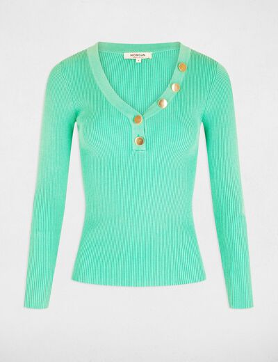 Jersey de manga larga punto fino botones verde menta mujer