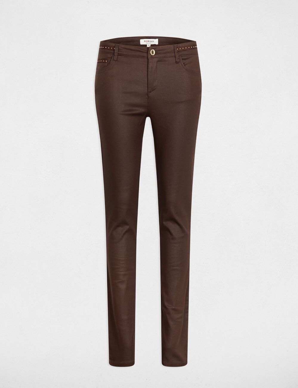 Pantal&oacute;n slim efecto mojado marr&oacute;n oscuro mujer
