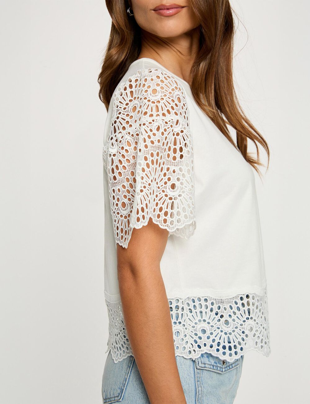Camiseta de encaje con cuello redondo blanco mujer