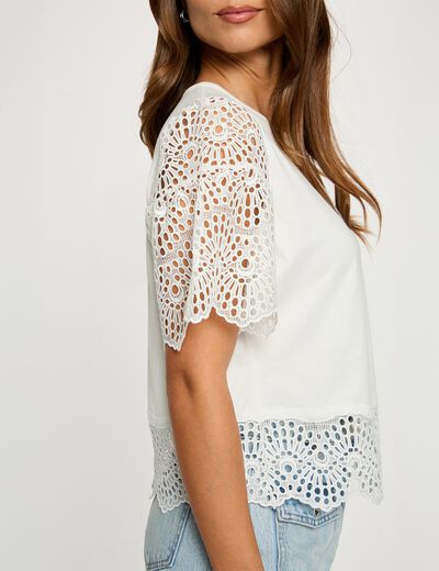 Camiseta de encaje con cuello redondo blanco mujer