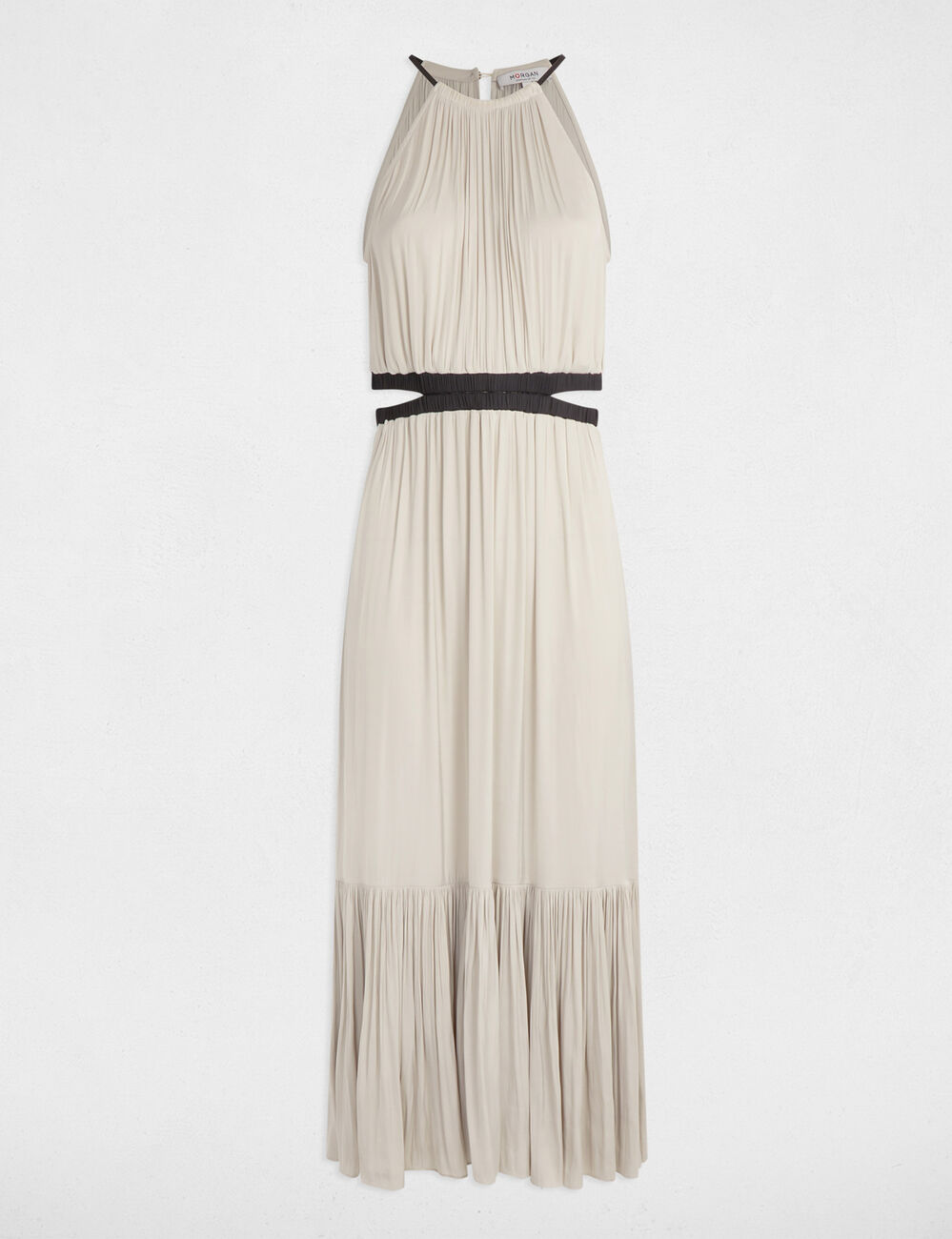 Vestido largo recto de satén beige mujer