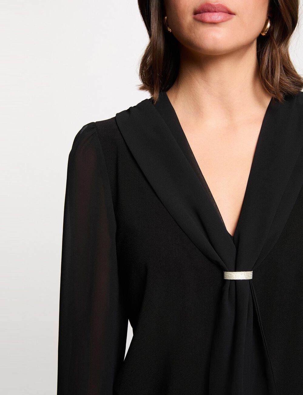 Camiseta de voile con cuello lazada negro mujer