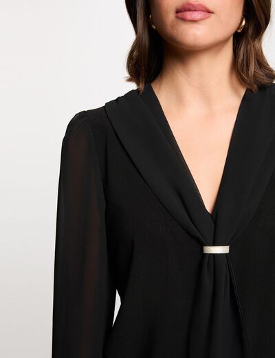 Camiseta de voile con cuello lazada negro mujer