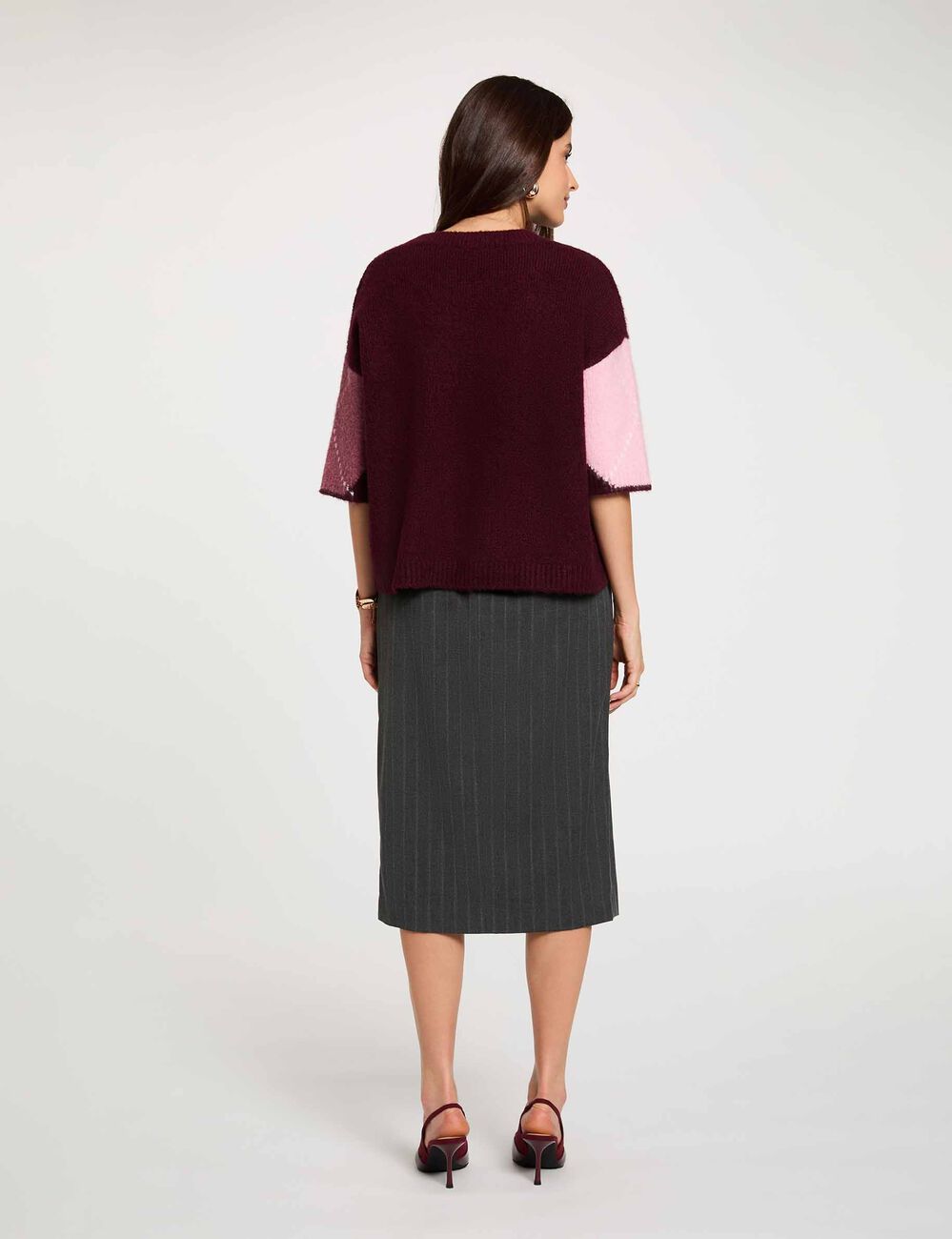 Jersey jacquard cuello redondo ciruela mujer