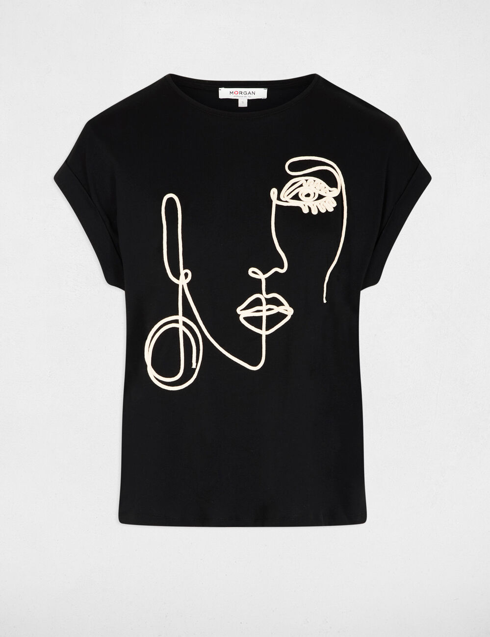 Camiseta bordado rostro negro mujer