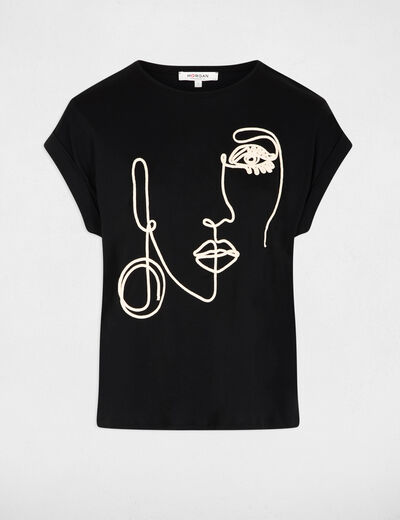 Camiseta bordado rostro negro mujer