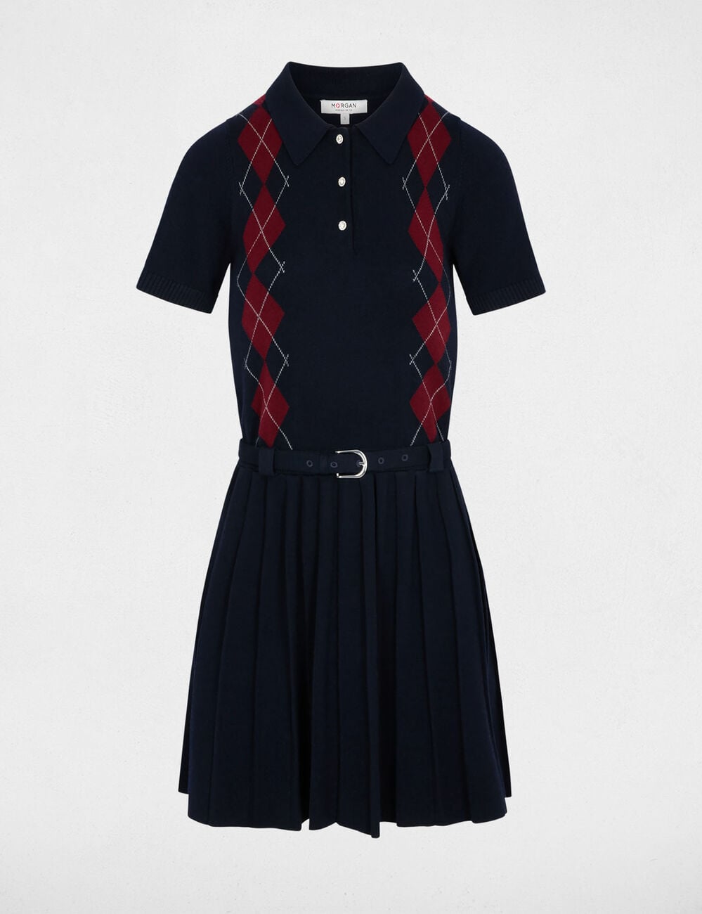 Vestido de punto con cuello vuelto azul marino mujer