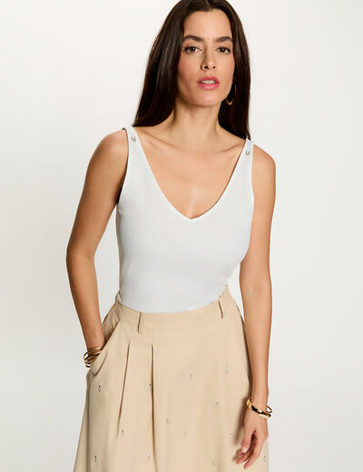 Top brillante con cuello en V blanco mujer