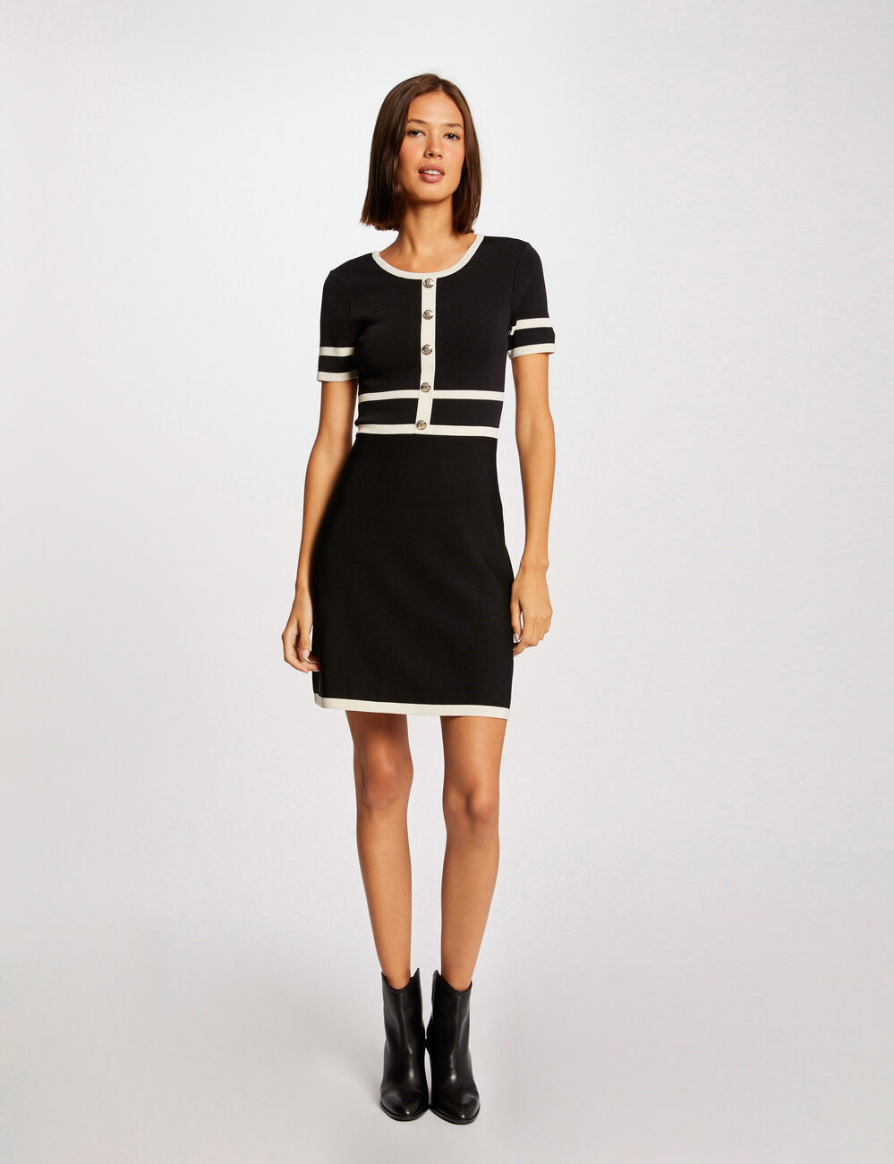 Vestido de punto recto con manga corta negro mujer